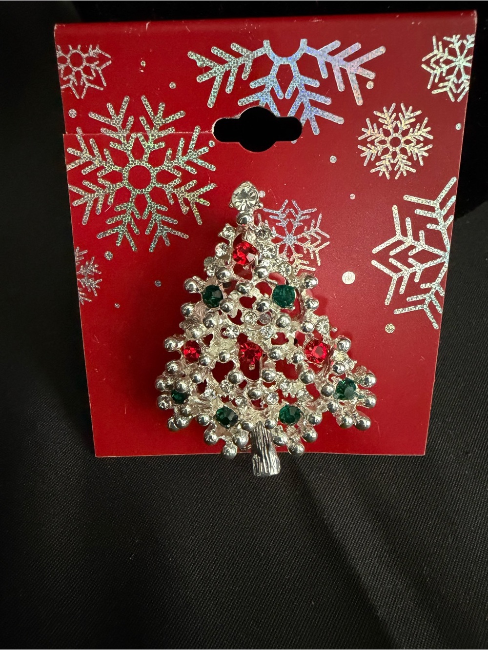Christmas Tree Brooch with Red & Green Rhinestones
